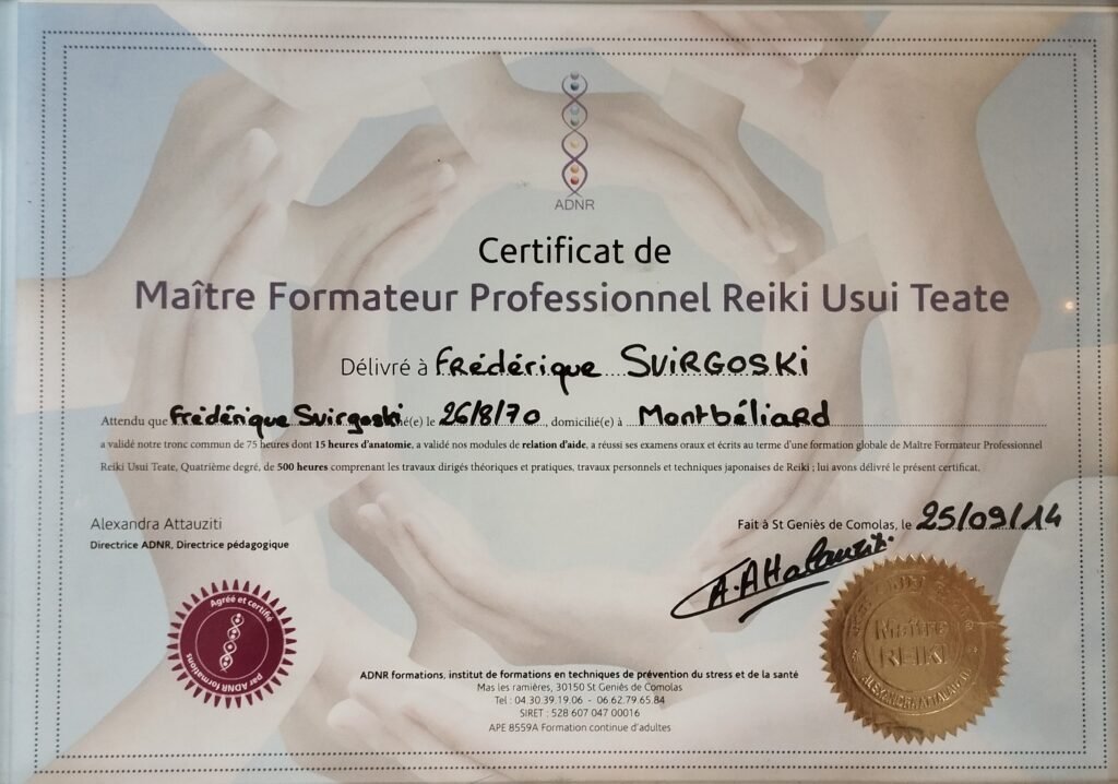 Diplôme maitre Formateur Professionnel Reiki Usui Teate Fred Coiffure Salon Fred Concept Store Montbéliard Soin Energétique